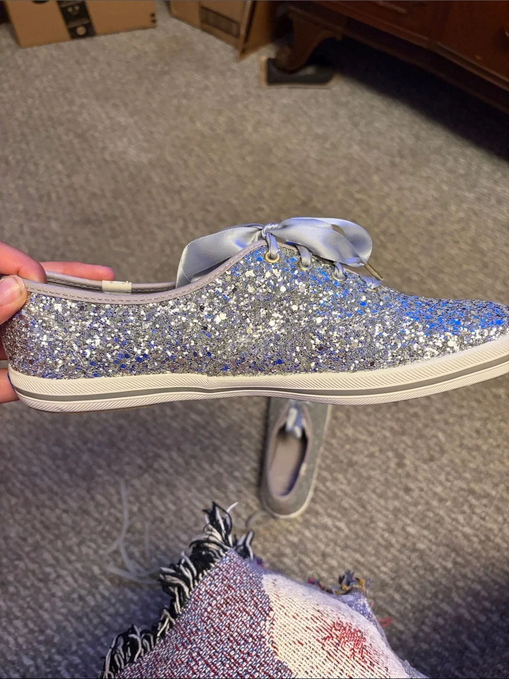 kate spade Silver Glitter Ribbon Lace-Up Sneakers